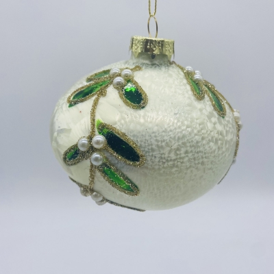 στολιδι γυαλινο πρασινα φυλλα 10cm antique cream