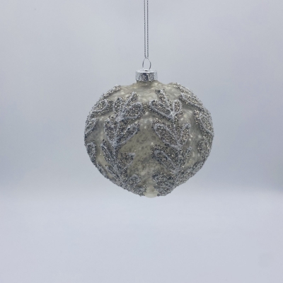 στολιδι γυαλινο φυλλα glitter 10cm antique silver