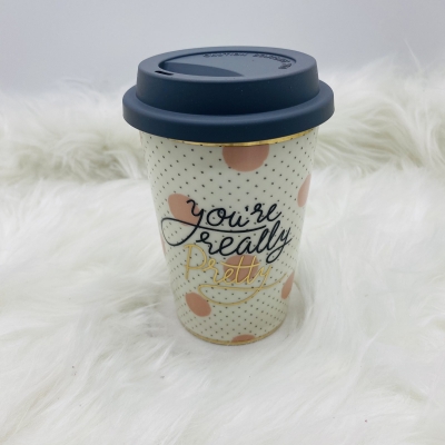 κεραμικη κουπα/καπακι pretty 9*12.7*6.2cm 400ml pink/black