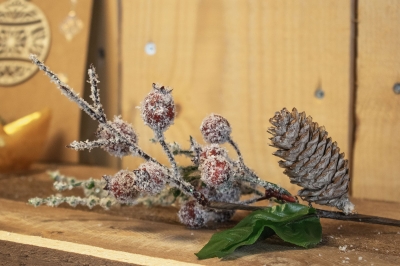 κλαδι χιονισμενο με κοκκινο γκι και κουκουναρι 25cm