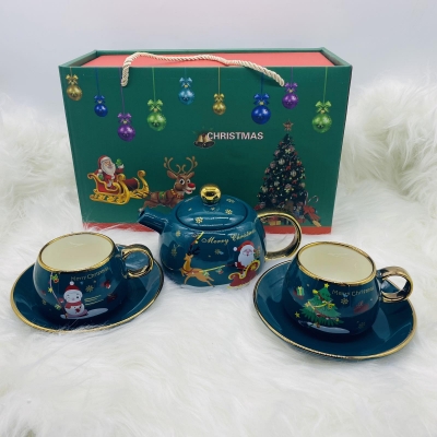 set τσαγιερα με 2 κουπες/πιατακια gold edge green