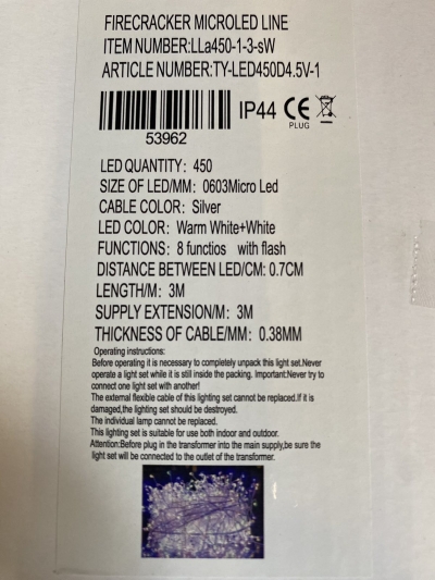 firecracker lights 3m 450led silver 8 functions warm white/white ip44